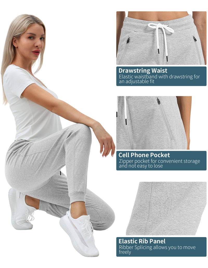 PULI Jogger Sweatpants for Women Drawstring Workout Sport with Zipper Pockets Light Grey L - Image 3